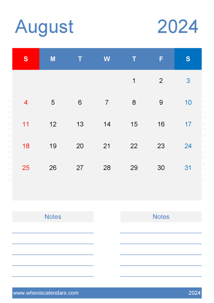 Download Free August Calendar 2024 Printable A4 Vertical 84228