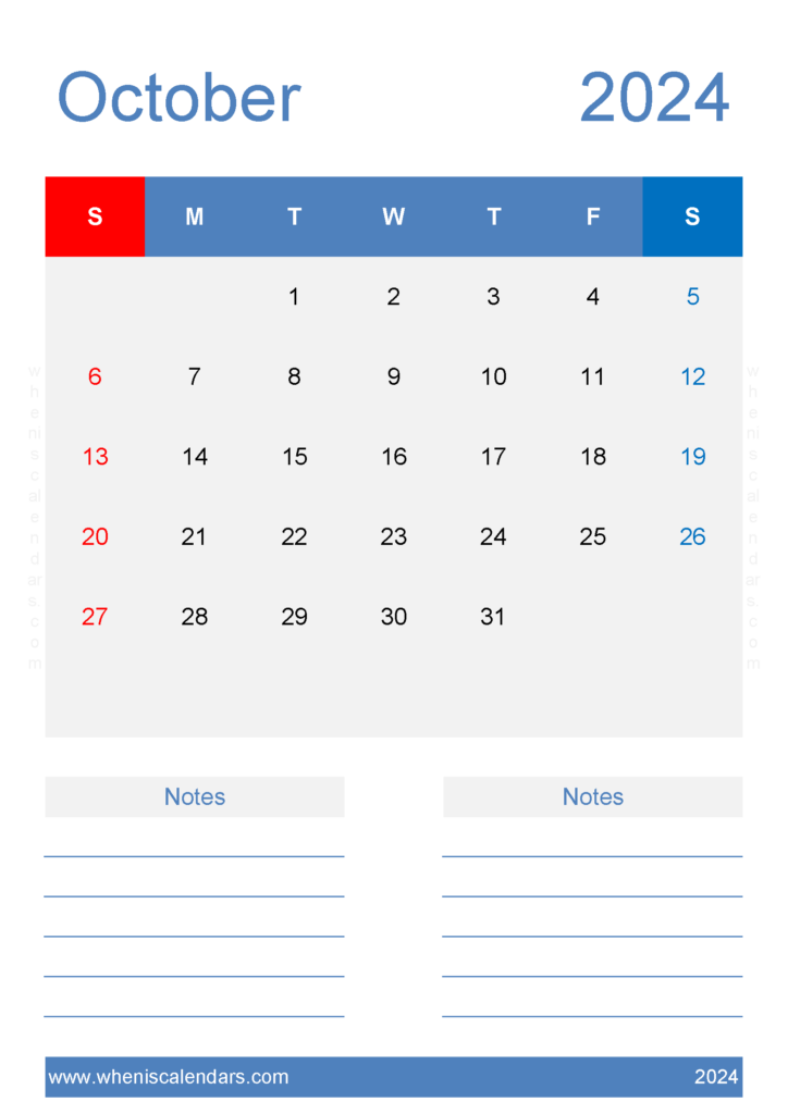 Download Free October Calendar 2024 Printable A4 Vertical 104228
