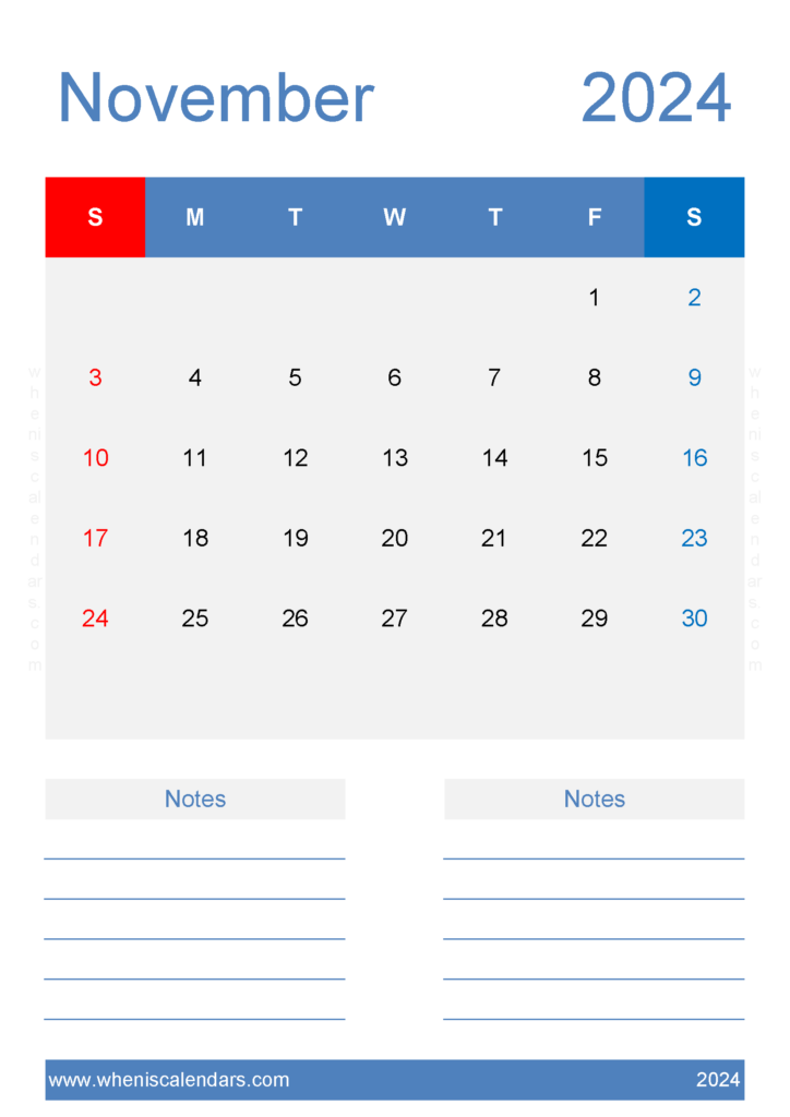 Download Free November Calendar 2024 Printable A4 Vertical 114228