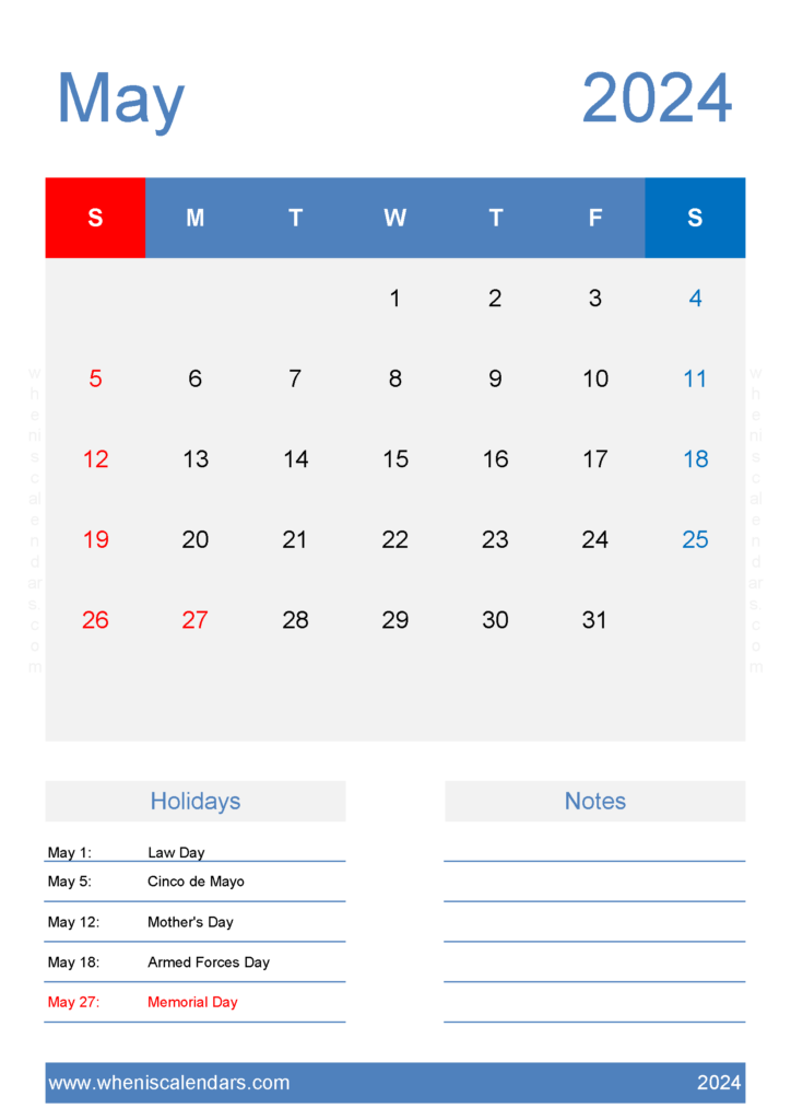 Download May 2024 Calendar Free download A4 Vertical 54148