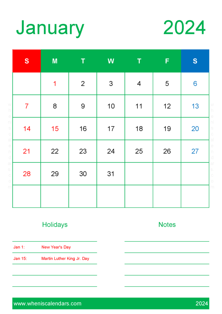 Download Printable monthly Calendar Jan 2024 A4 Vertical J4149