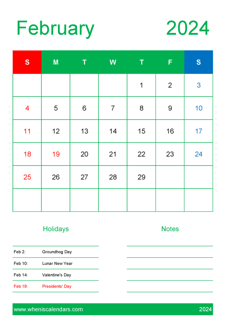 Download Printable monthly Calendar Feb 2024 A4 Vertical 24149