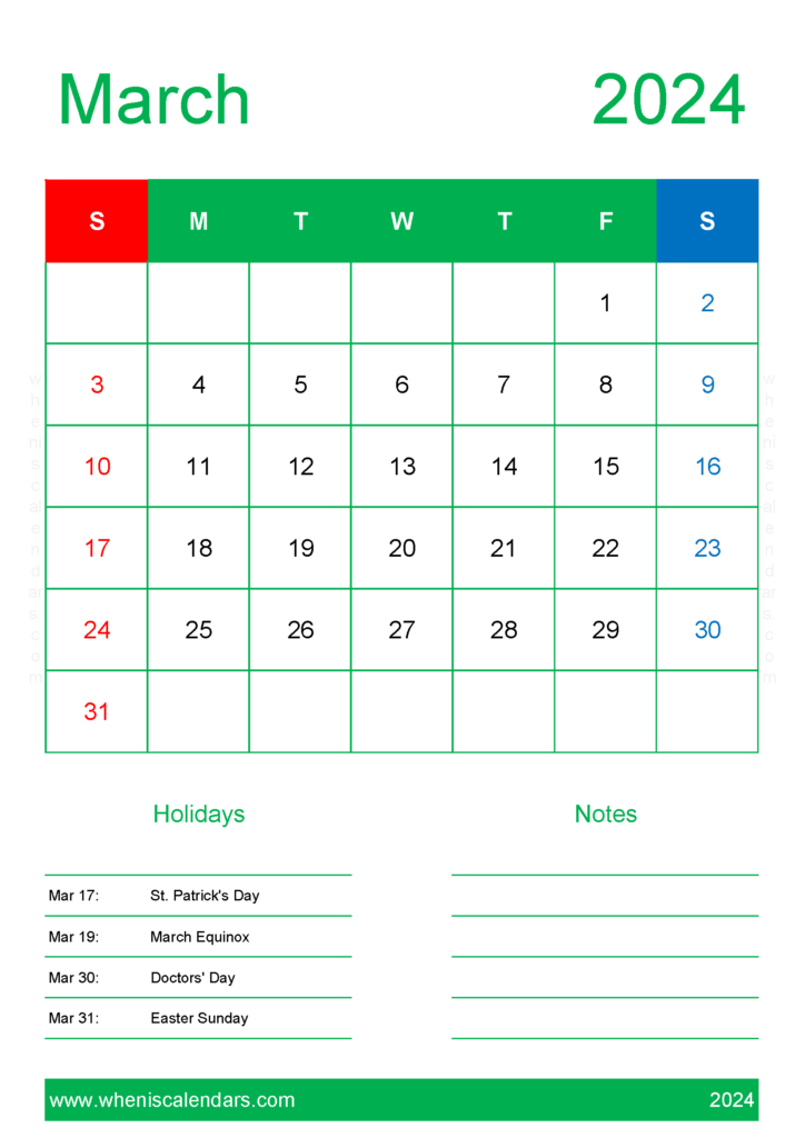 Download Printable monthly Calendar Mar 2024 A4 Vertical 34149