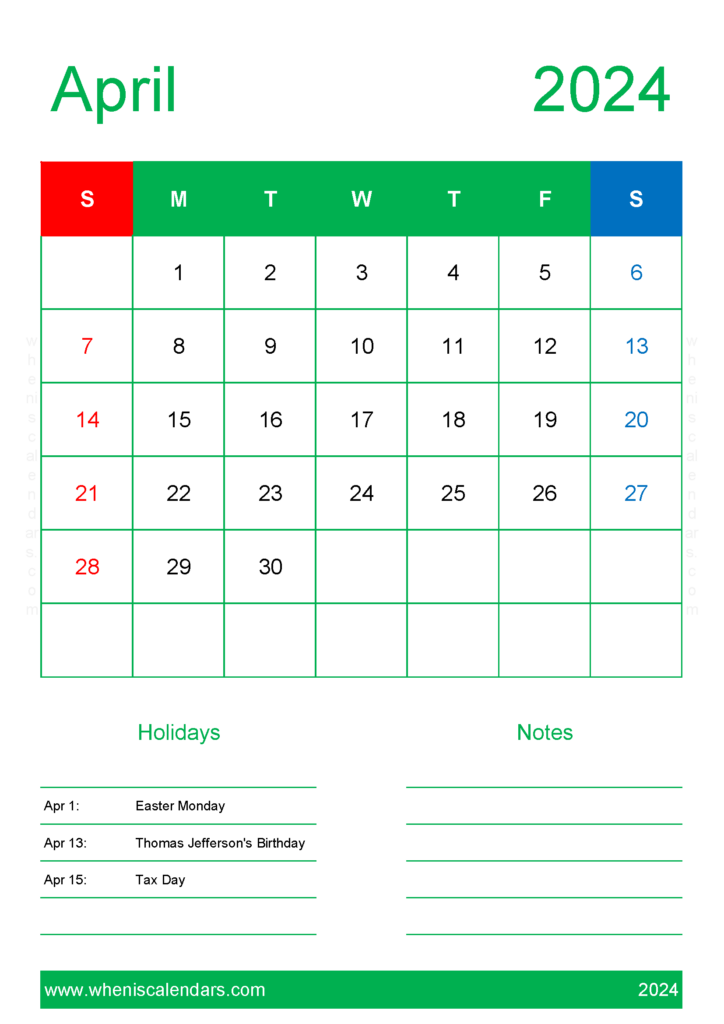 Download Printable monthly Calendar Apr 2024 A4 Vertical 44149
