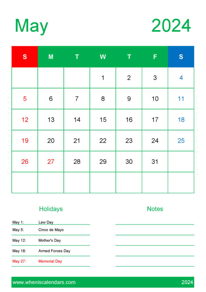 Download Printable monthly Calendar May 2024 A4 Vertical 54149