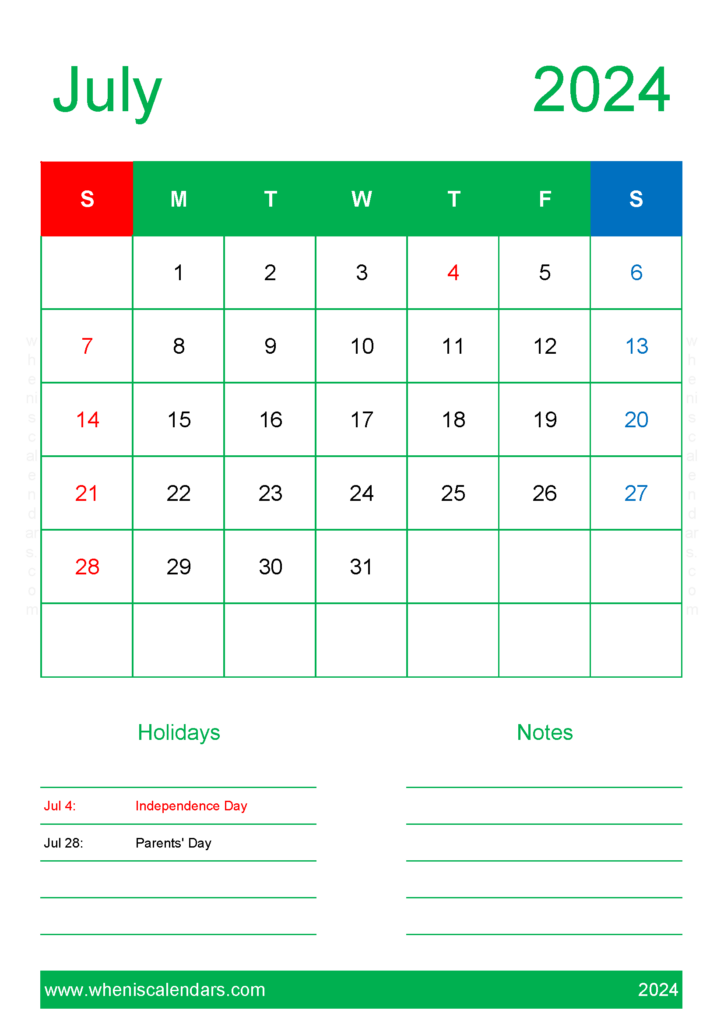 Download Printable monthly Calendar Jul 2024 A4 Vertical 74149