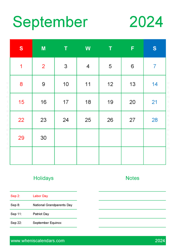 Download Printable monthly Calendar Sept 2024 A4 Vertical 94149