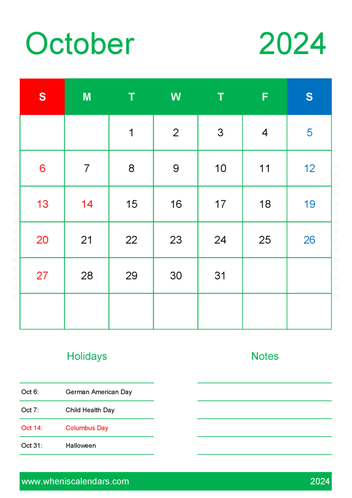 Download Printable monthly Calendar Oct 2024 A4 Vertical 104149