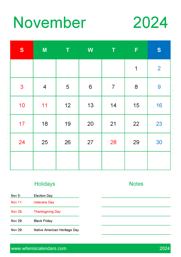 Download Printable monthly Calendar Nov 2024 A4 Vertical 114149