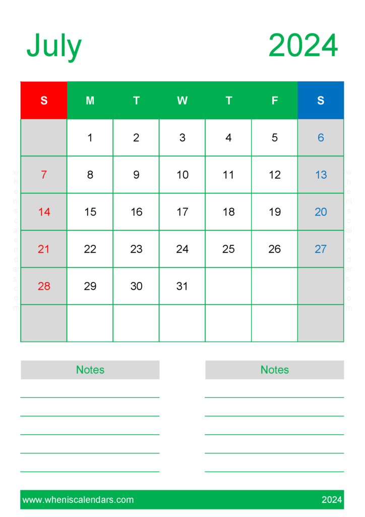 Download July 2024 Printable Calendars A4 Vertical 74230