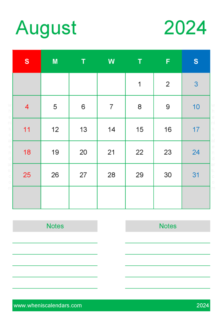 Download August 2024 Printable Calendars A4 Vertical 84230