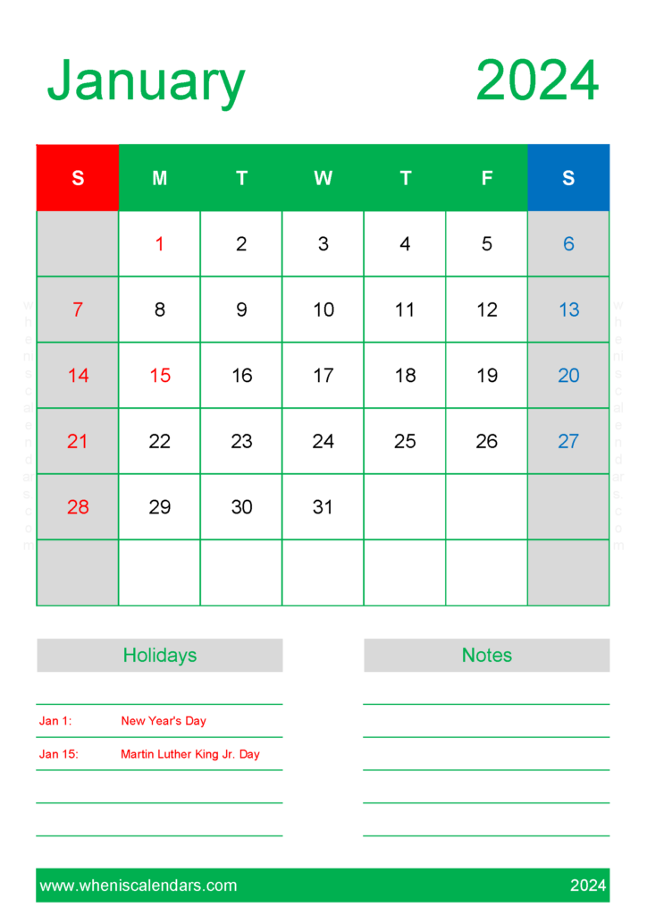 Download Free Calendar Template January 2024 A4 Vertical J4150