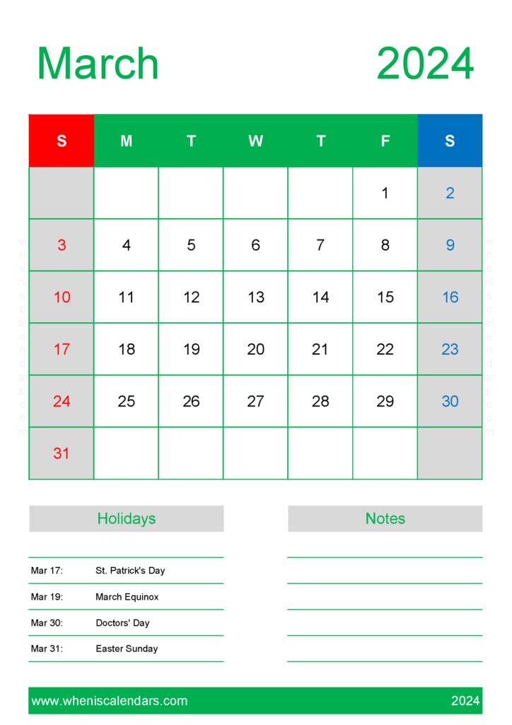 Download Free Calendar Template March 2024 A4 Vertical 34150