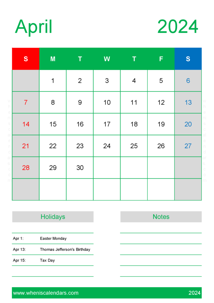 Download Free Calendar Template April 2024 A4 Vertical 44150