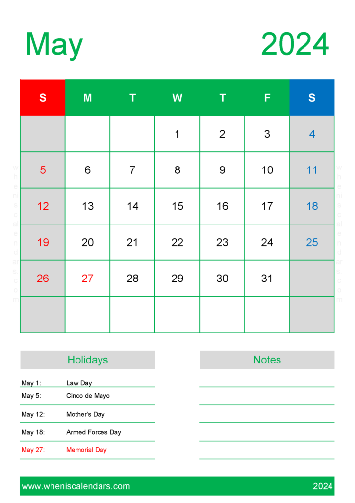 Download Free Calendar Template May 2024 A4 Vertical 54150