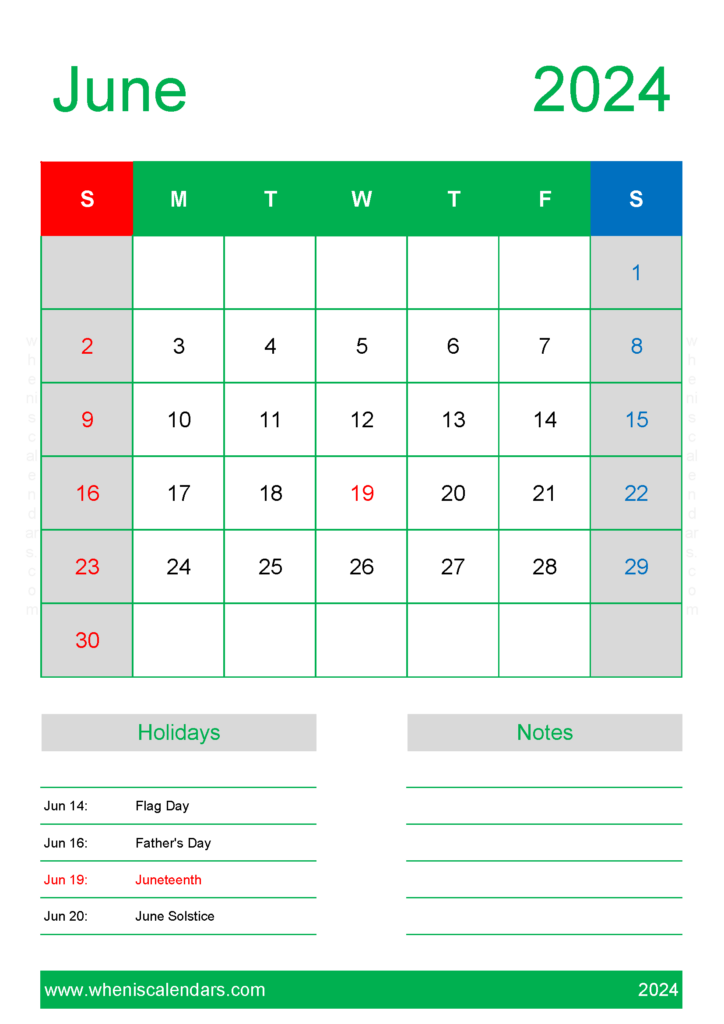 Download Free Calendar Template June 2024 A4 Vertical 64150