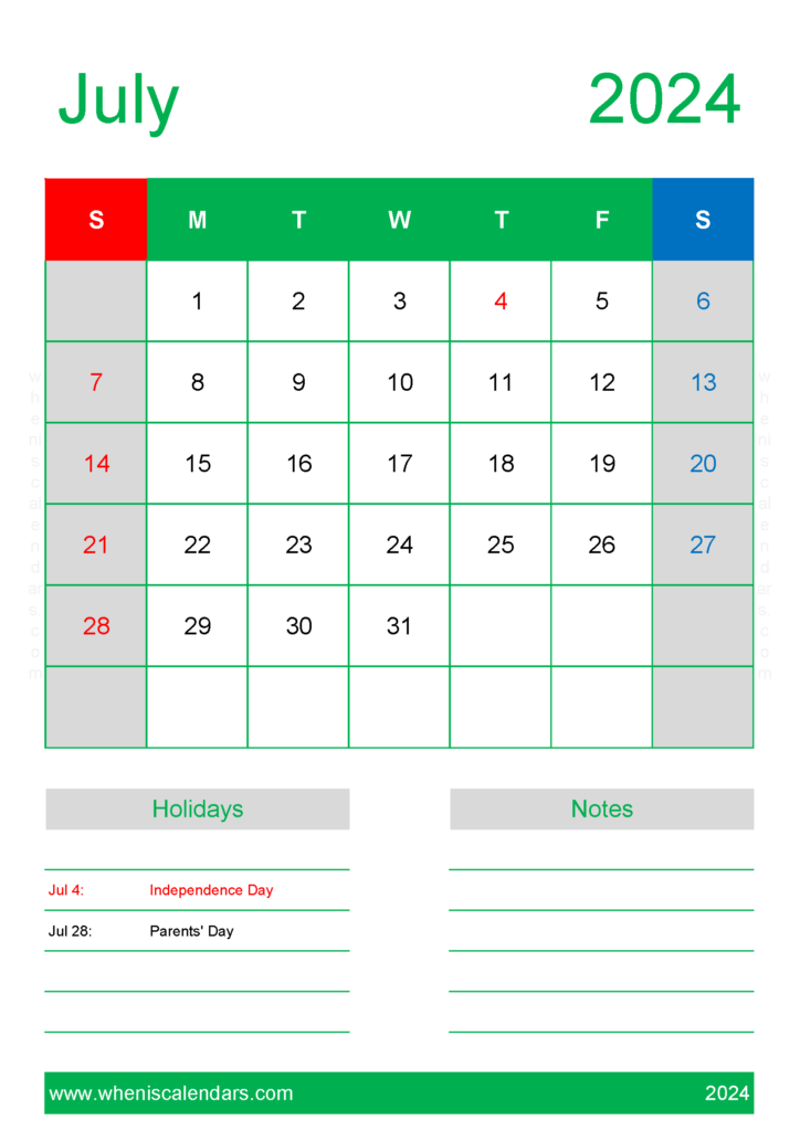 Download Free Calendar Template July 2024 A4 Vertical 74150