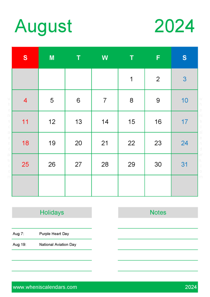 Download Free Calendar Template August 2024 A4 Vertical 84150