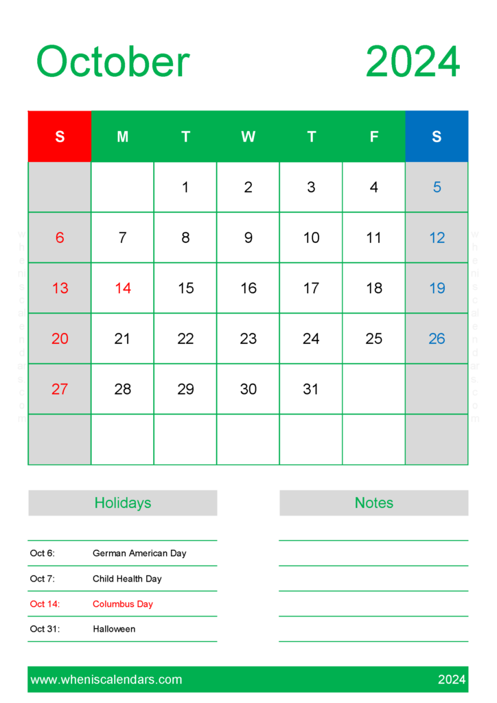 Download Free Calendar Template October 2024 A4 Vertical 104150