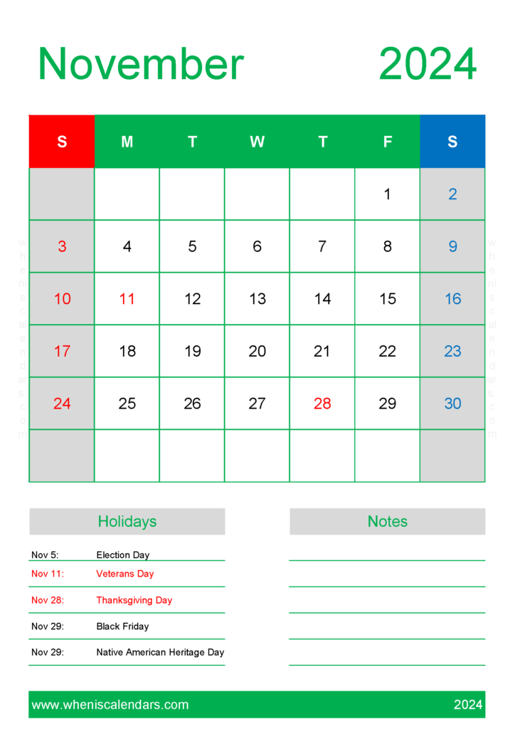 Download Free Calendar Template November 2024 A4 Vertical 114150