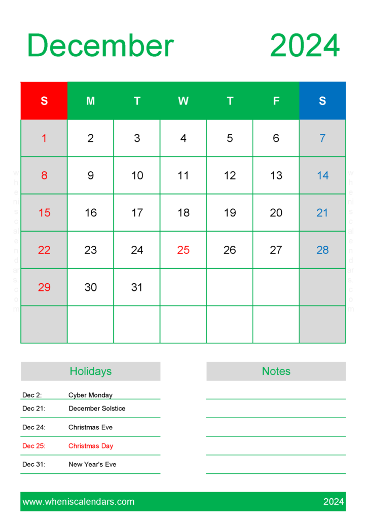 Download Free Calendar Template December 2024 A4 Vertical 124150