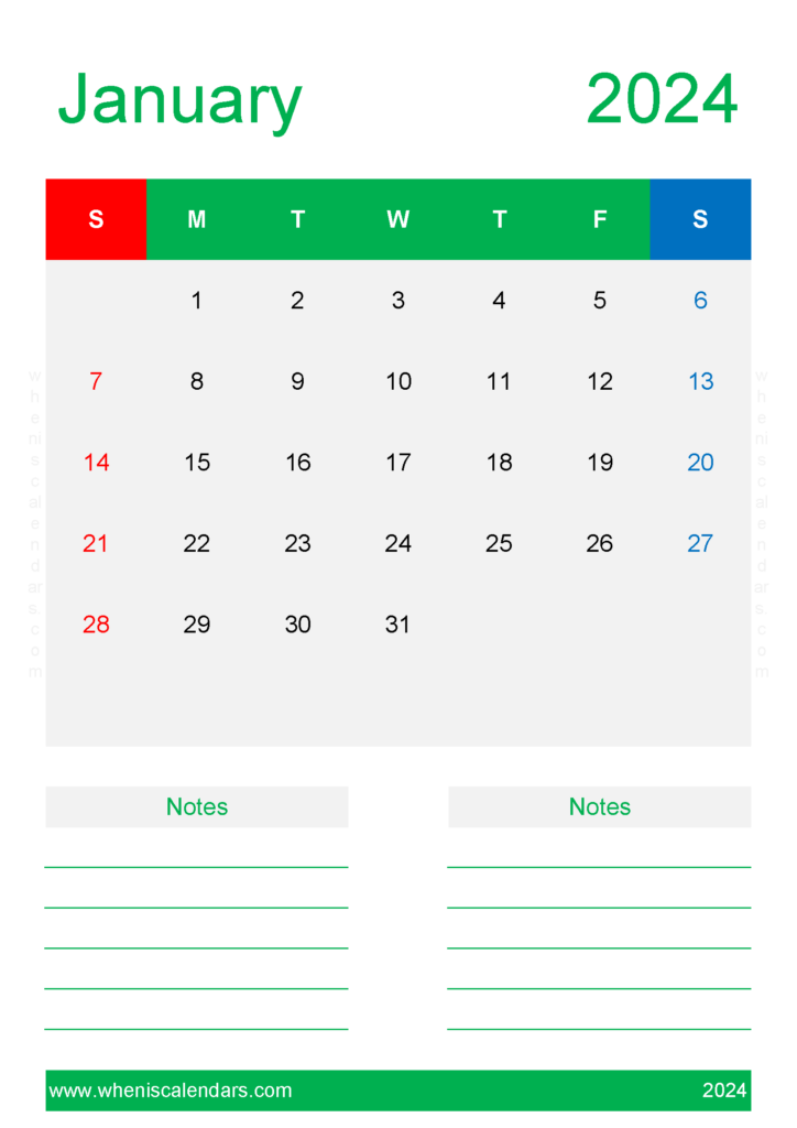 Download Calendar Blank January 2024 A4 Vertical J4232
