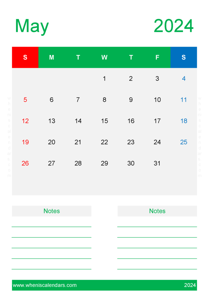 Download Calendar Blank May 2024 A4 Vertical 54232