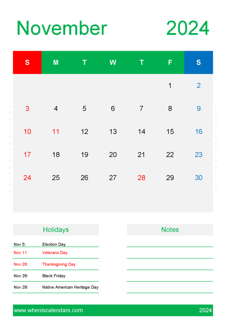 Download November Calendar 2024 excel A4 Vertical 114152
