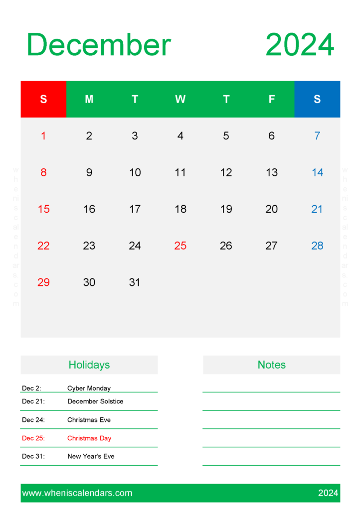 Download December Calendar 2024 excel A4 Vertical 124152