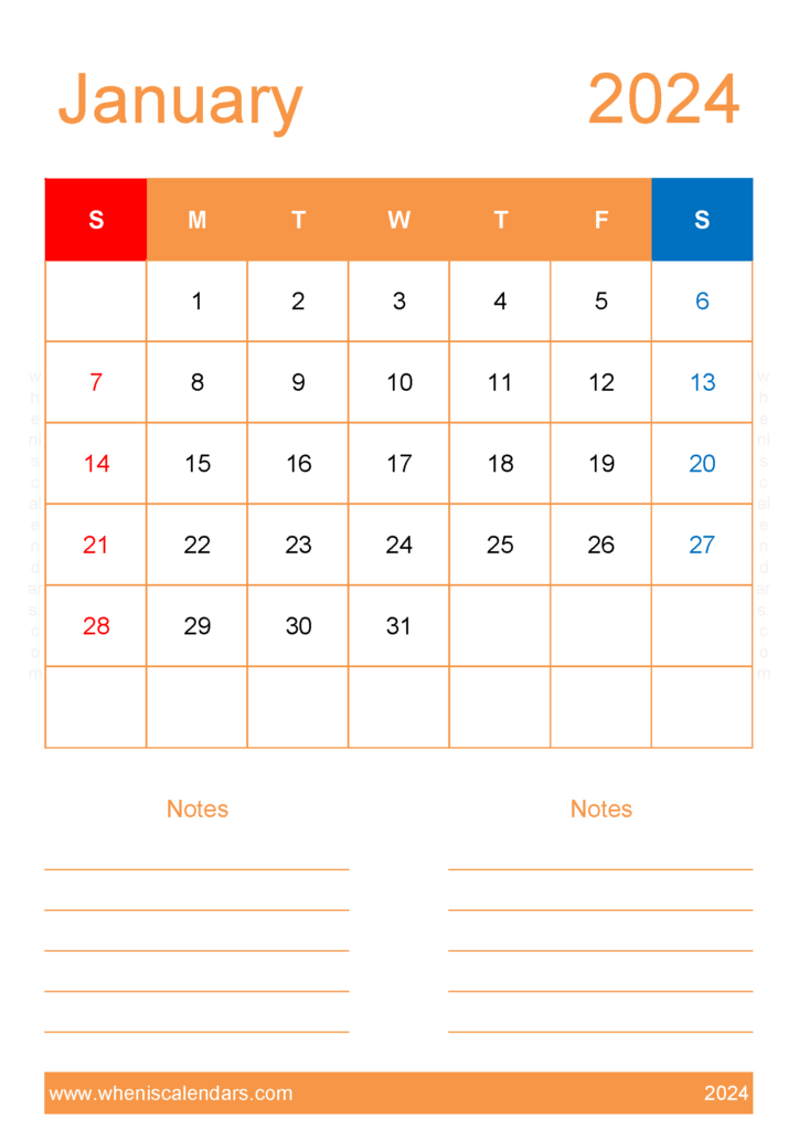 Download 2024 January Calendar excel A4 Vertical J4233
