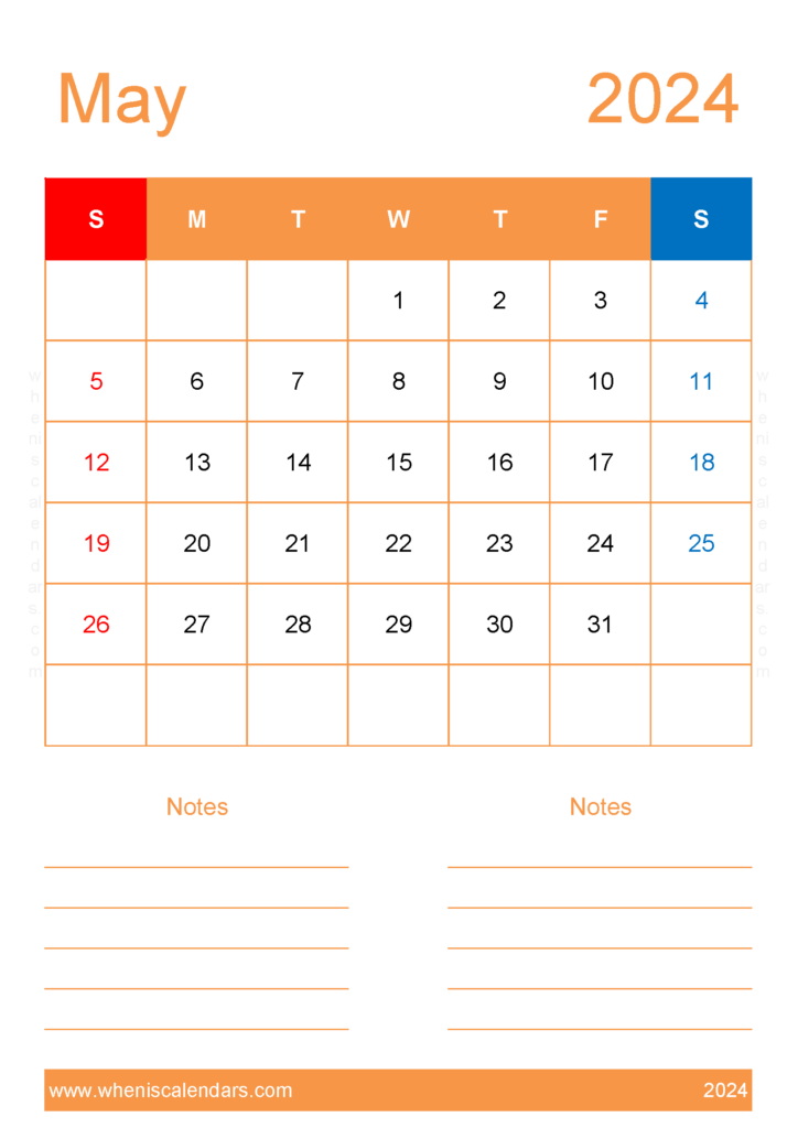 Download 2024 May Calendar excel A4 Vertical 54233