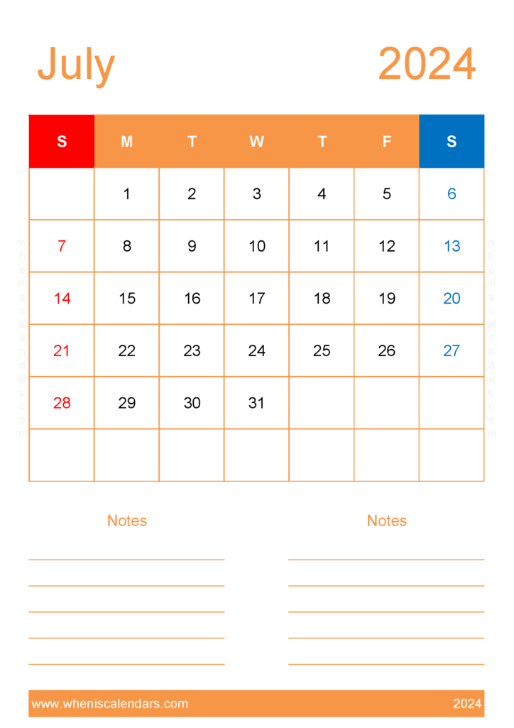 Download 2024 July Calendar excel A4 Vertical 74233