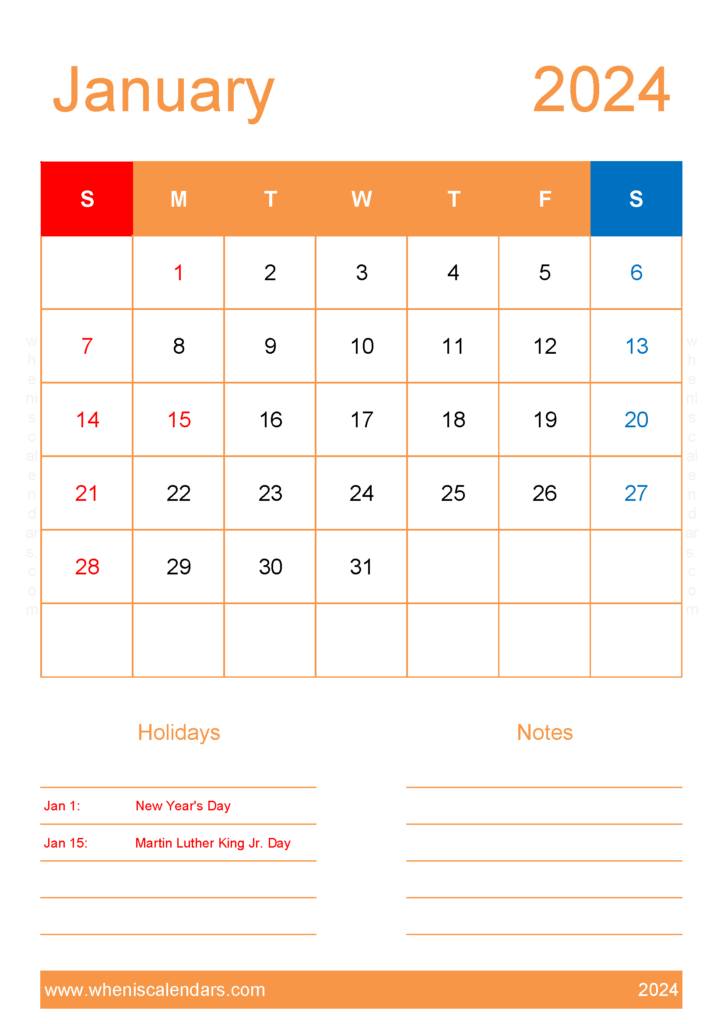 Download 2024 January Calendar Printable Free A4 Vertical J4153