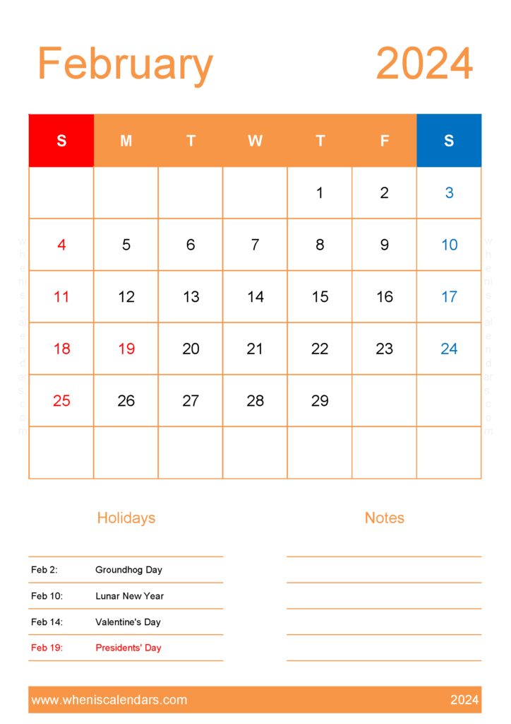 Download 2024 February Calendar Printable Free A4 Vertical 24153