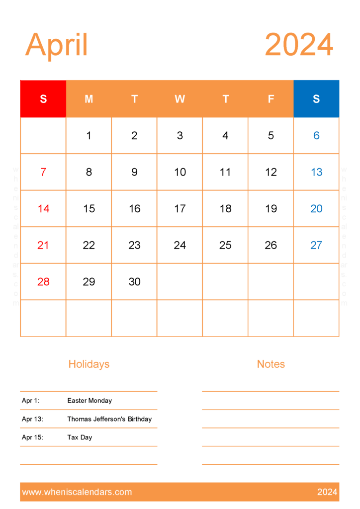 Download 2024 April Calendar Printable Free A4 Vertical 44153