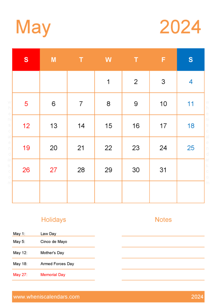Download 2024 May Calendar Printable Free A4 Vertical 54153