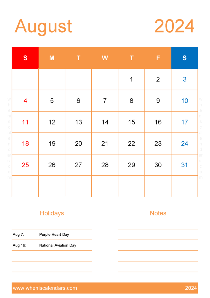 Download 2024 August Calendar Printable Free A4 Vertical 84153