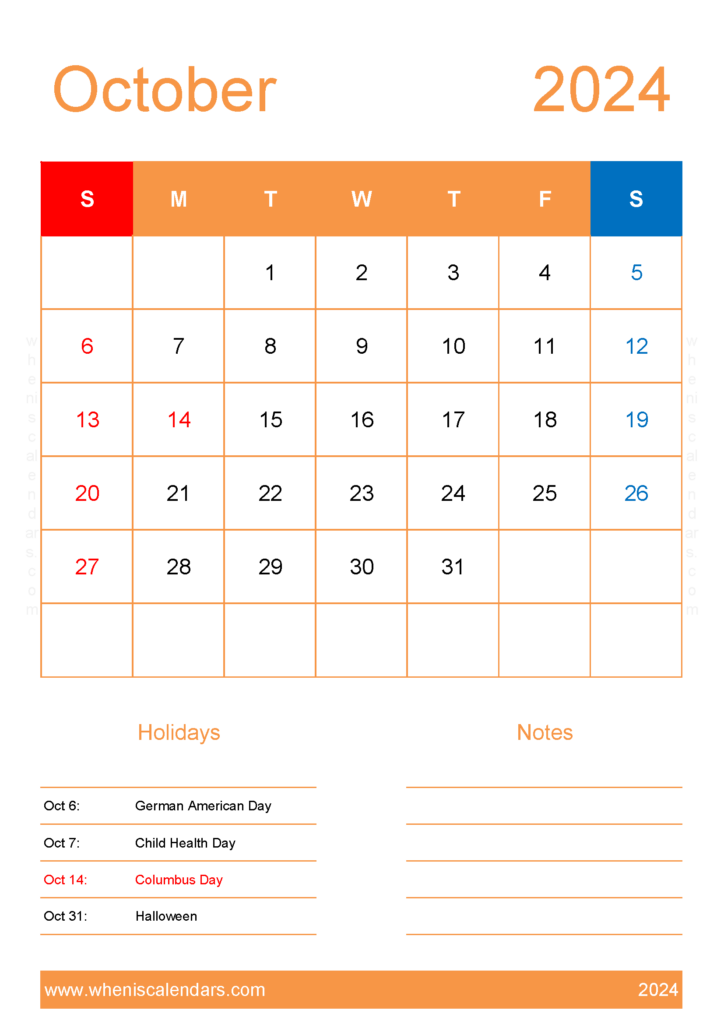 Download 2024 October Calendar Printable Free A4 Vertical 104153