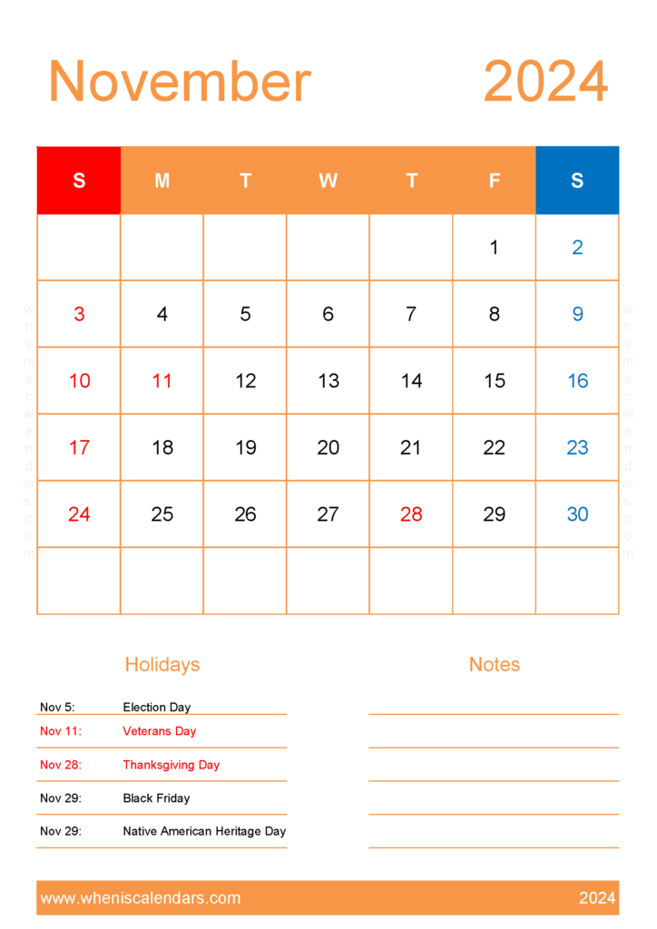Download 2024 November Calendar Printable Free A4 Vertical 114153