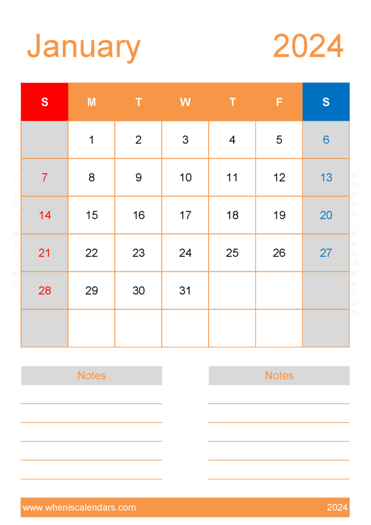 Download Free Printable Blank January 2024 Calendar A4 Vertical J4234