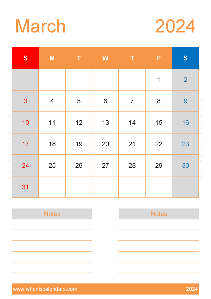 Download Free Printable Blank March 2024 Calendar A4 Vertical 34234