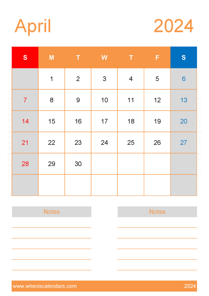 Download Free Printable Blank April 2024 Calendar A4 Vertical 44234
