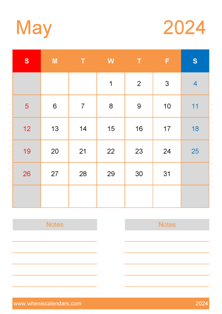 Download Free Printable Blank May 2024 Calendar A4 Vertical 54234