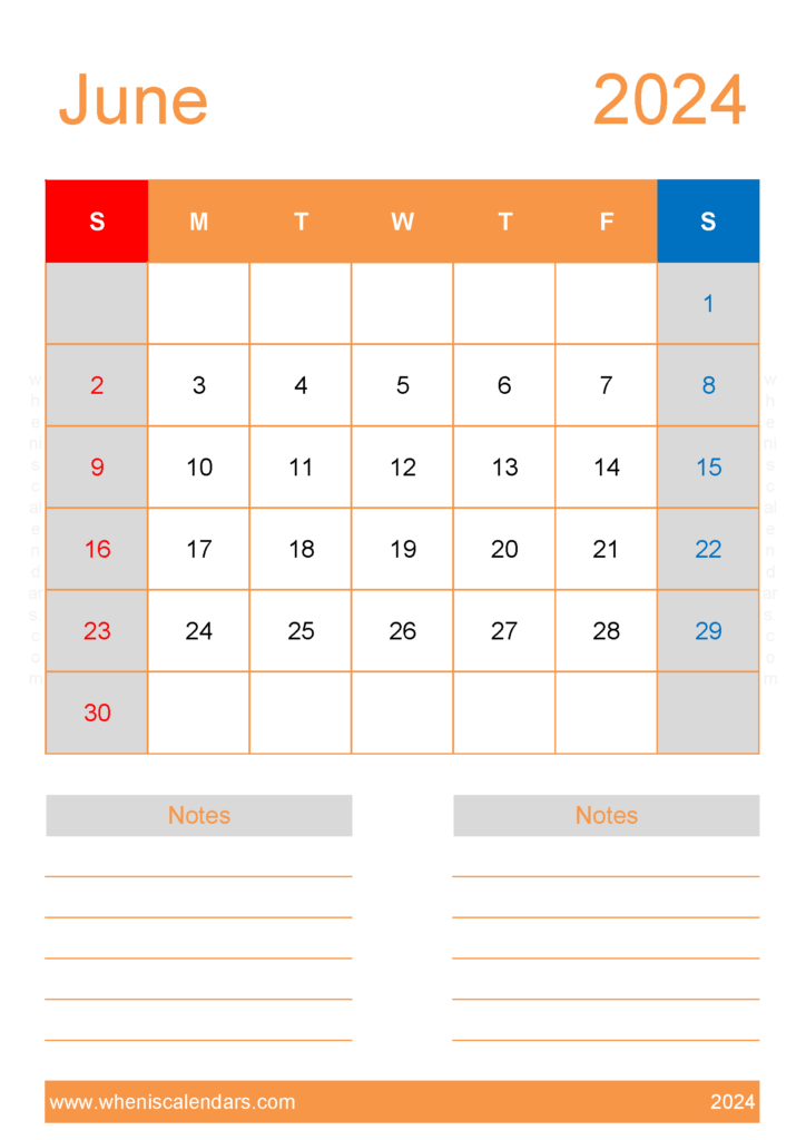 Download Free Printable Blank June 2024 Calendar A4 Vertical 64234