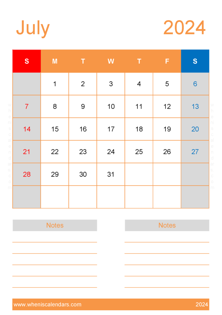 Download Free Printable Blank July 2024 Calendar A4 Vertical 74234