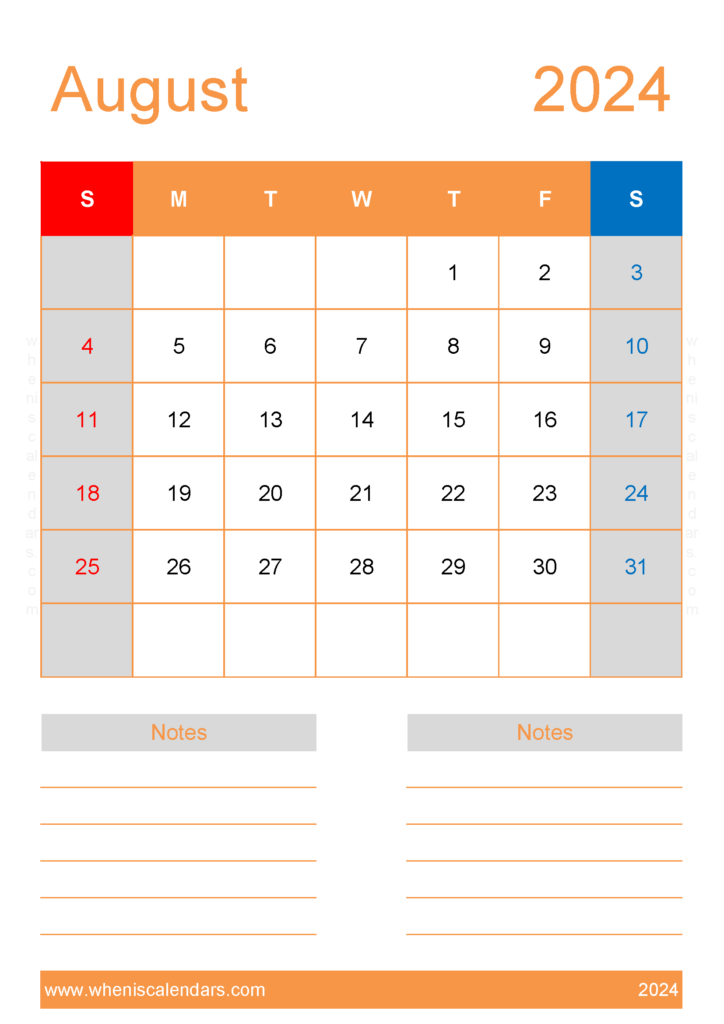 Download Free Printable Blank August 2024 Calendar A4 Vertical 84234