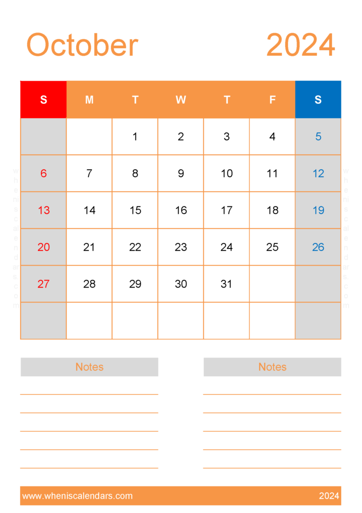 Download Free Printable Blank October 2024 Calendar A4 Vertical 104234