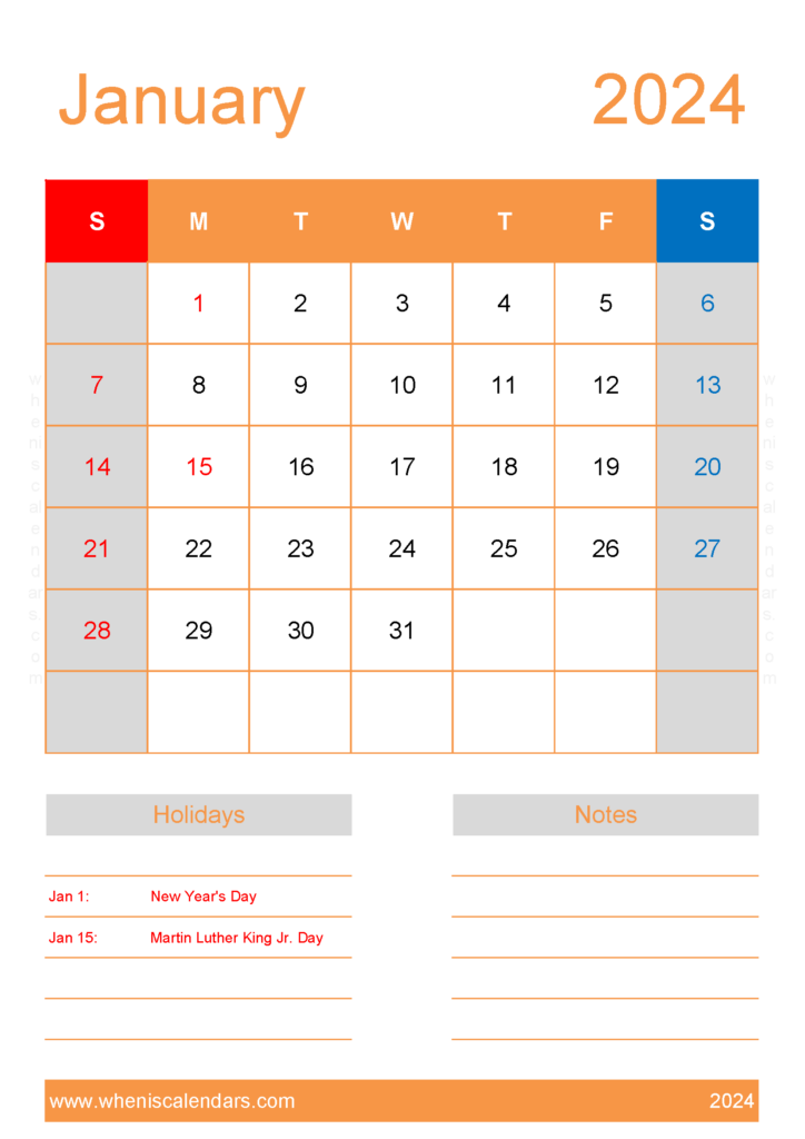 Download Calendar January 2024 Template A4 Vertical J4154