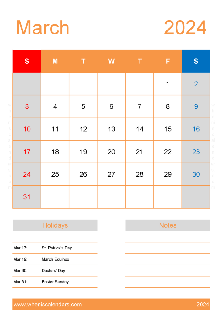 Download Calendar March 2024 Template A4 Vertical 34154