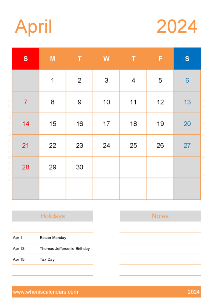 Download Calendar April 2024 Template A4 Vertical 44154